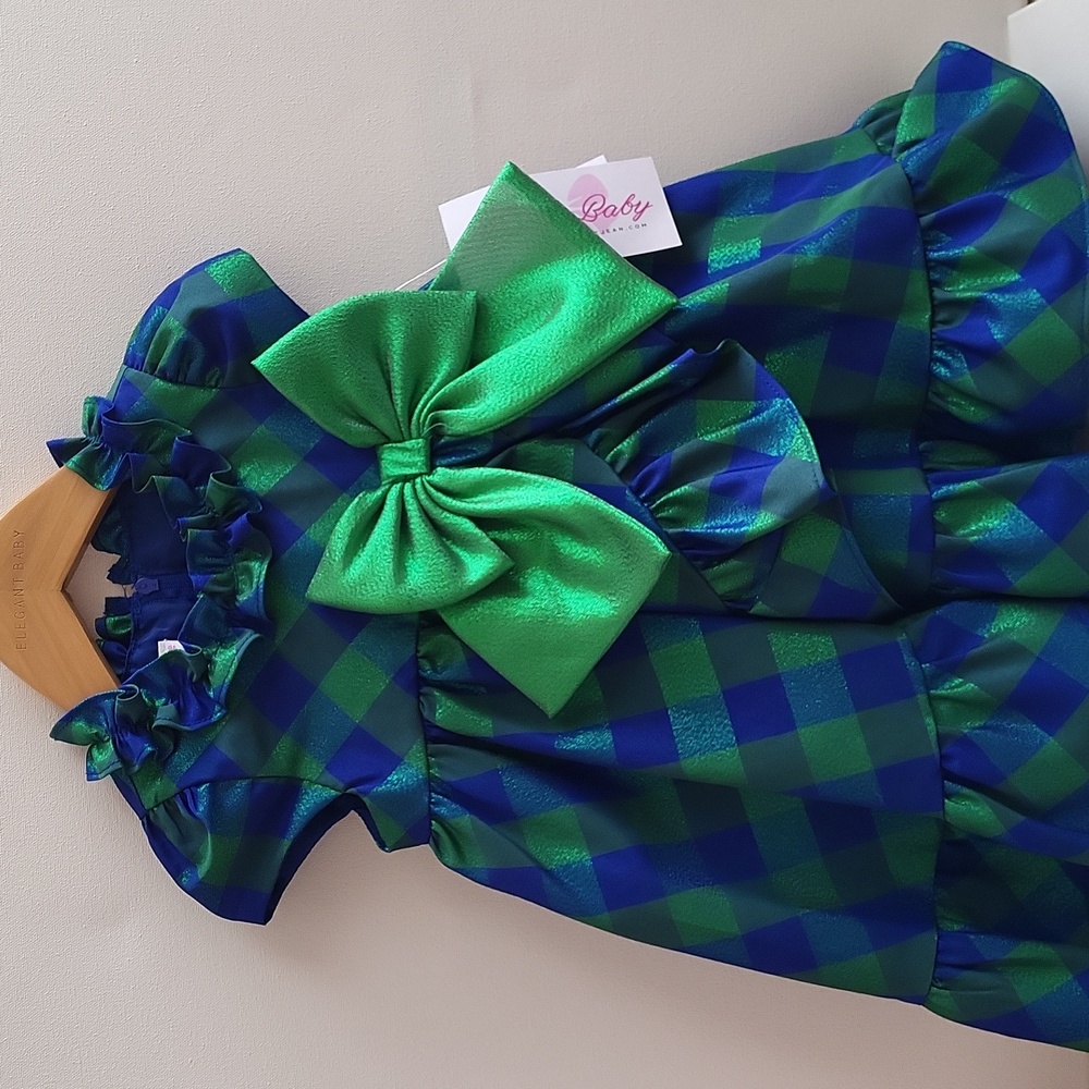 Bonnie Baby Blue and Green Plaid Ruffle Dress with Giant Bow